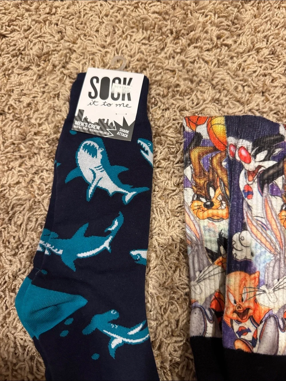 Novelty Shark Pattern Navy Blue Crew Socks - Unbranded
